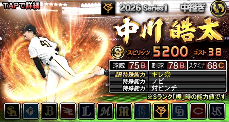 2026シリーズ1Sランク中継ぎ能力値ランキング